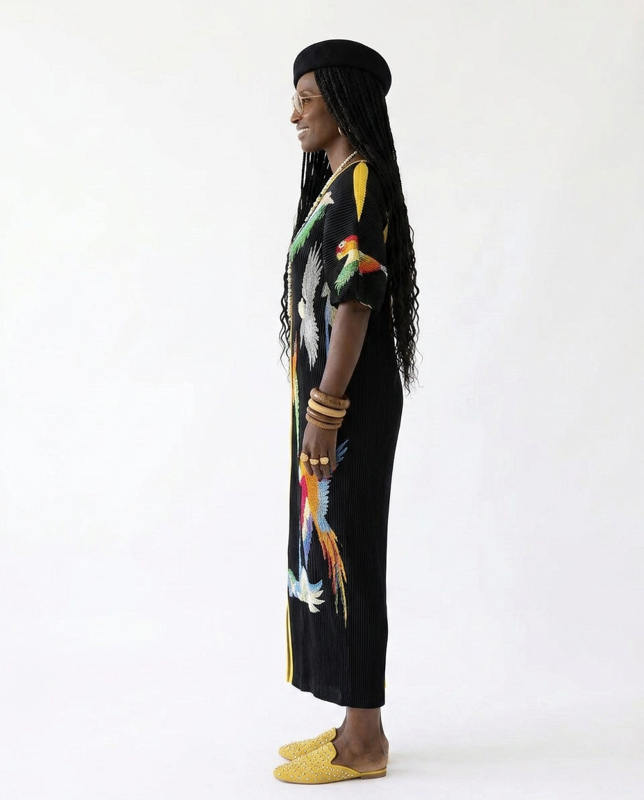 Spirited Pleated Bird Print Kaftan Dress