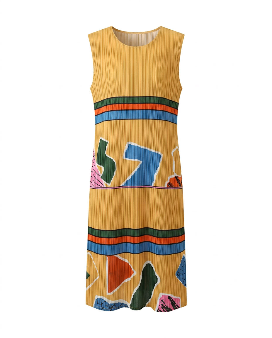 Vibrant Geometric Pleated Midi Dress