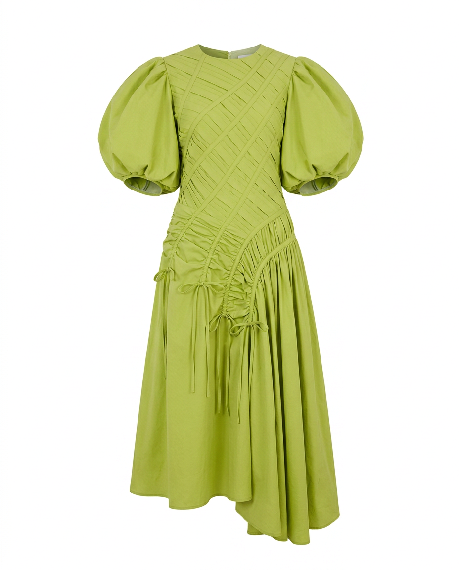 Vibrant Pleated Puff Sleeve Dress