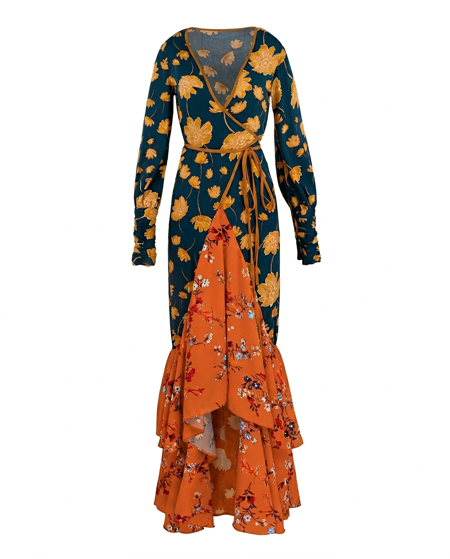 Wanderlust Patchwork Ruffled Maxi Dress