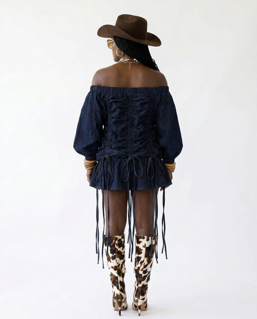 Brave Ruched Denim Mini Dress